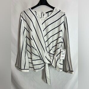 ZARA Navy and White Stripe Bow Blouse